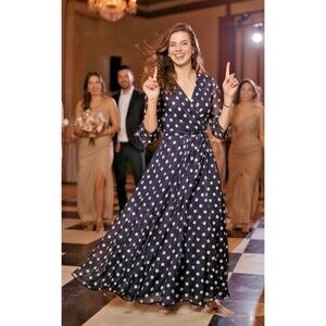 Kate and Lily pale pink navy fit & flare wrap v-neck dress sz 6 party wedding